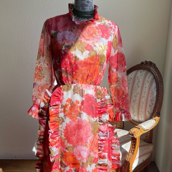 Vintage 1960s Small Floral Full Length Sheer Gown with Ruffle Detail - 60s Pink - Picture 2 of 11